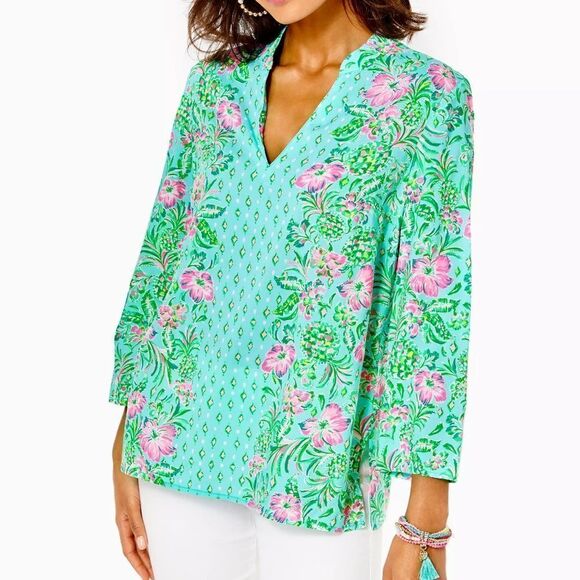 Lilly Pulitzer Tops - Lilly Pulitzer Aqua and Pink Floral Tunic